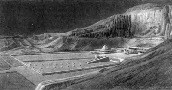 Дейр-эль-Бахри. Реконструкция комплекса заупокойных храмов: слева — Ментухотепа, справа — Хатшепсут